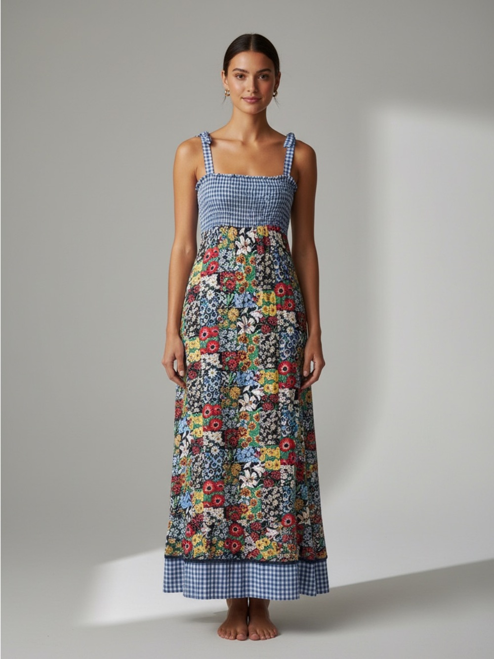 Vintage Lanz Originals Blue Gingham Smocked Floral Patchwork Maxi Dress Size Sm